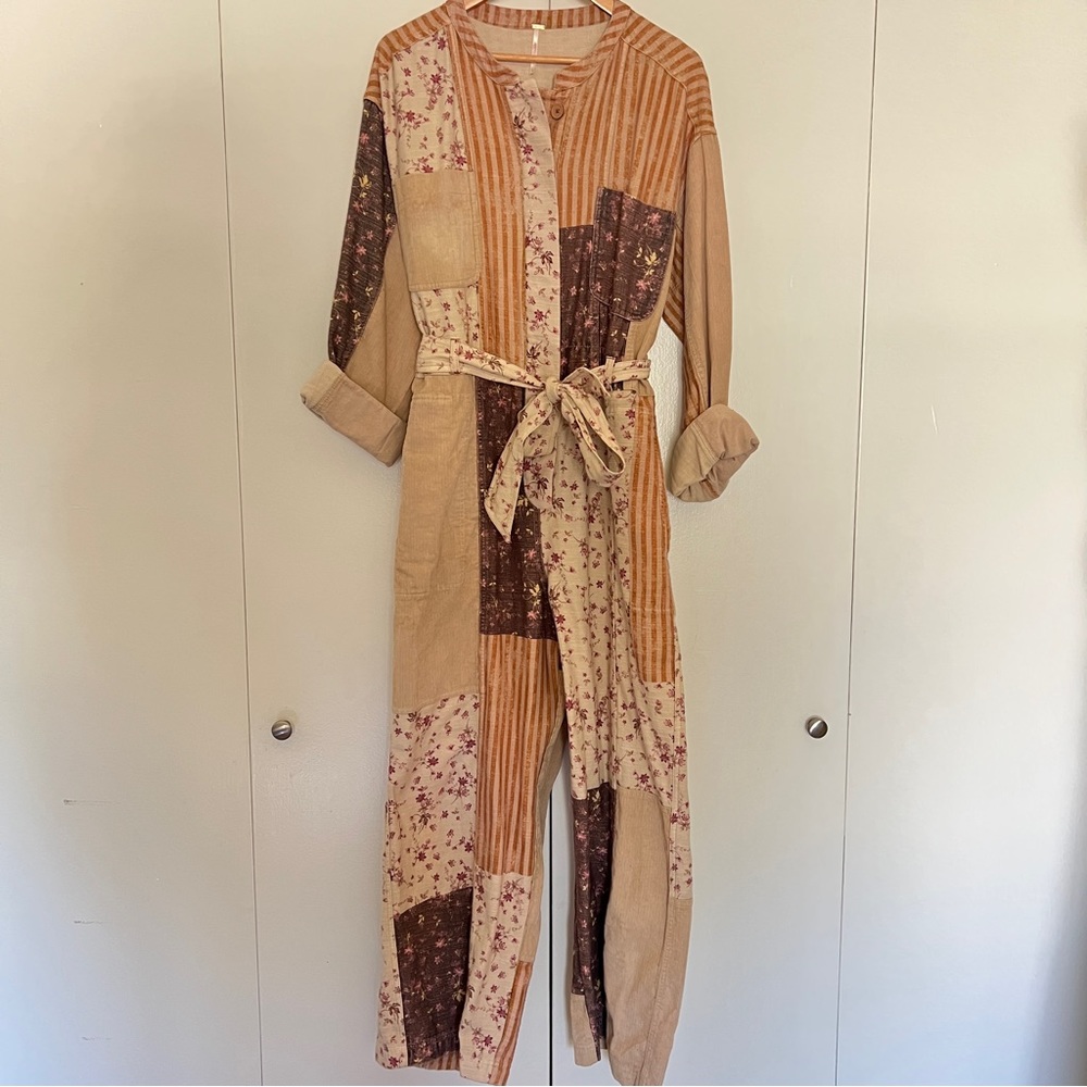 Free People Patchwork Button-Up Jumpsuit size L